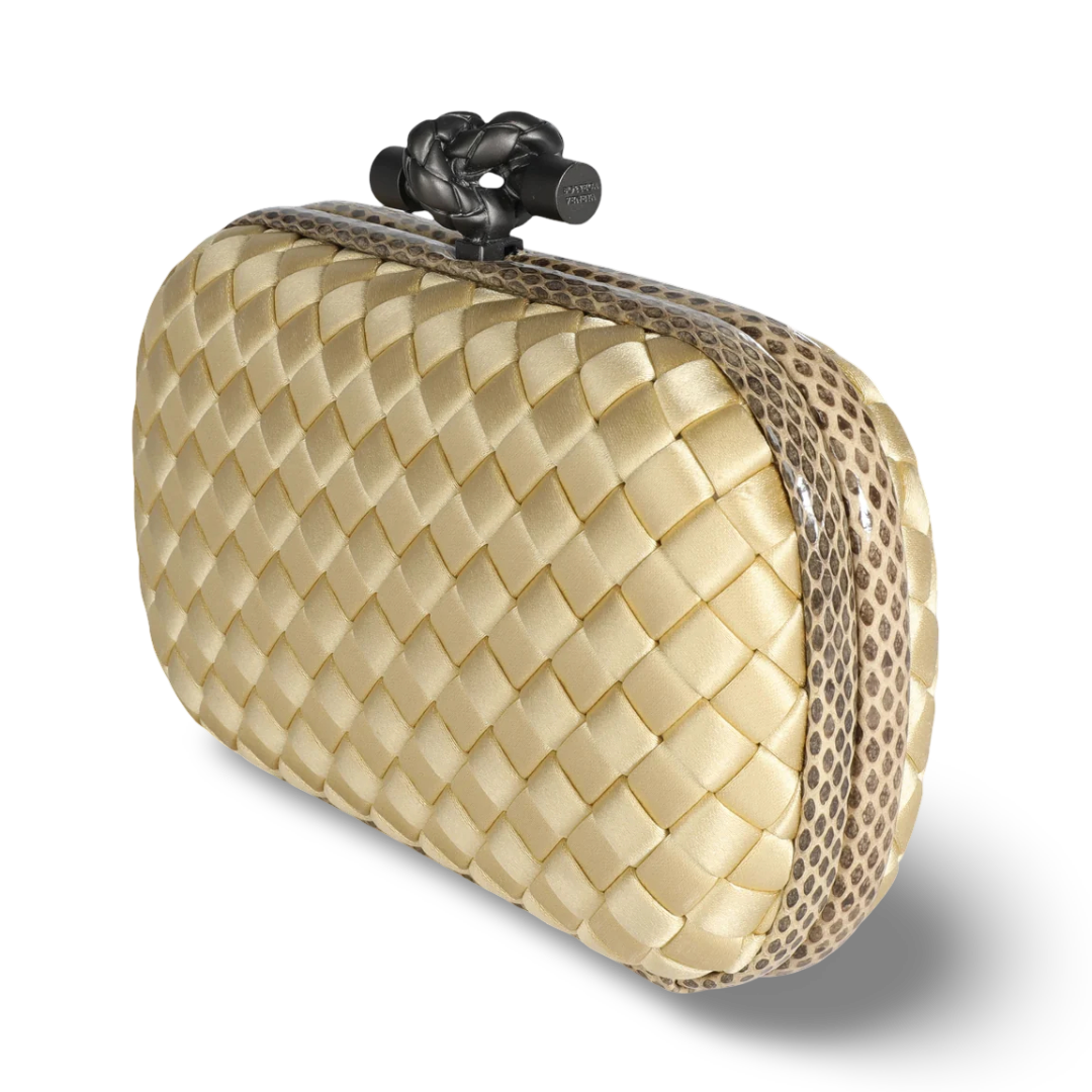 Bottega Veneta Satin Ayers Intreccio Impero Stretch Knot Clutch - PHW / Yellow