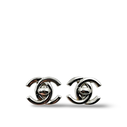 Chanel CC Logo Turnlock Earrings - Silver