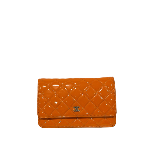 Chanel Quilted Patent Wallet on Chain - SHW / Orange