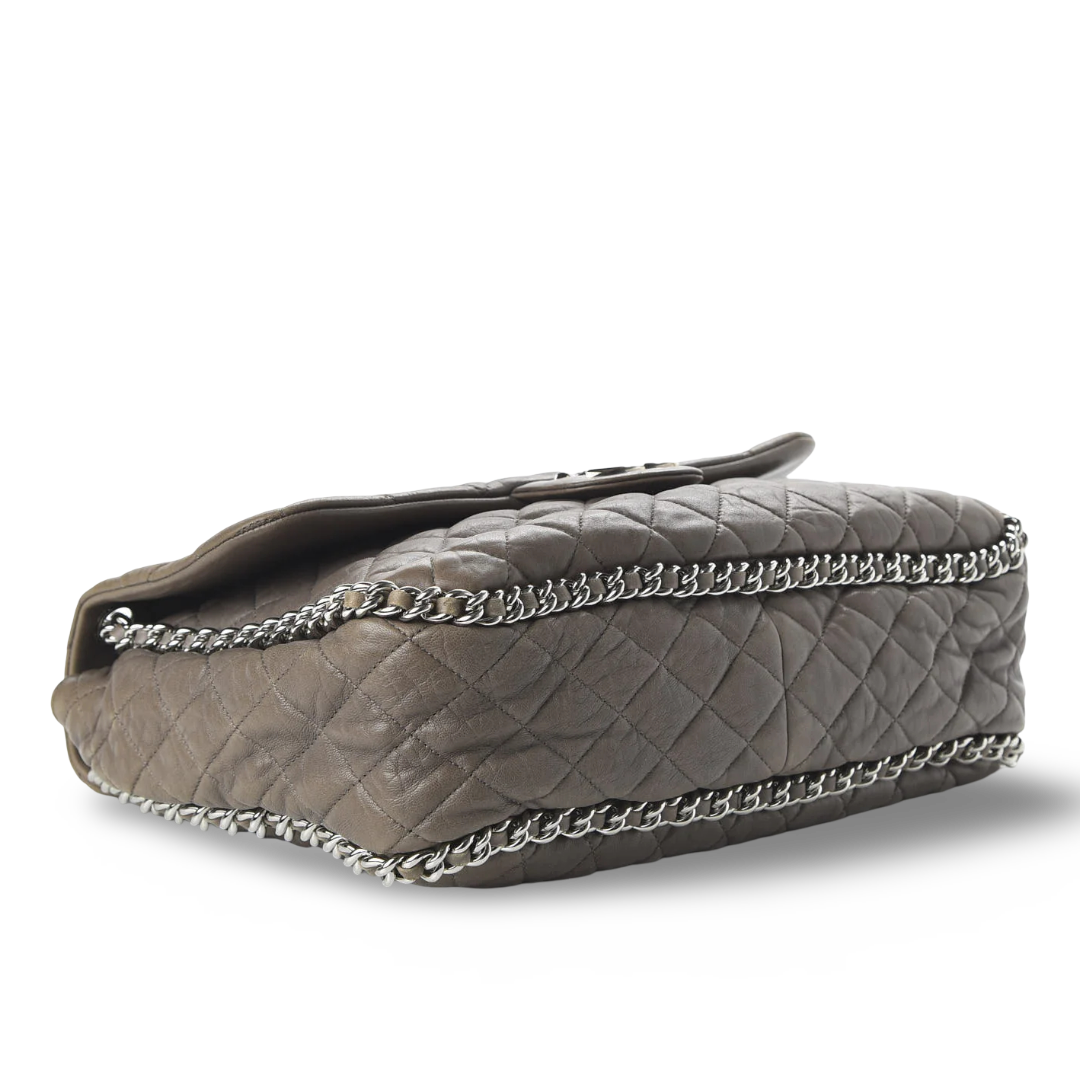 Chanel Quilted Washed Lambskin Leather Chain Around Maxi Single Flap -SHW / Taupe