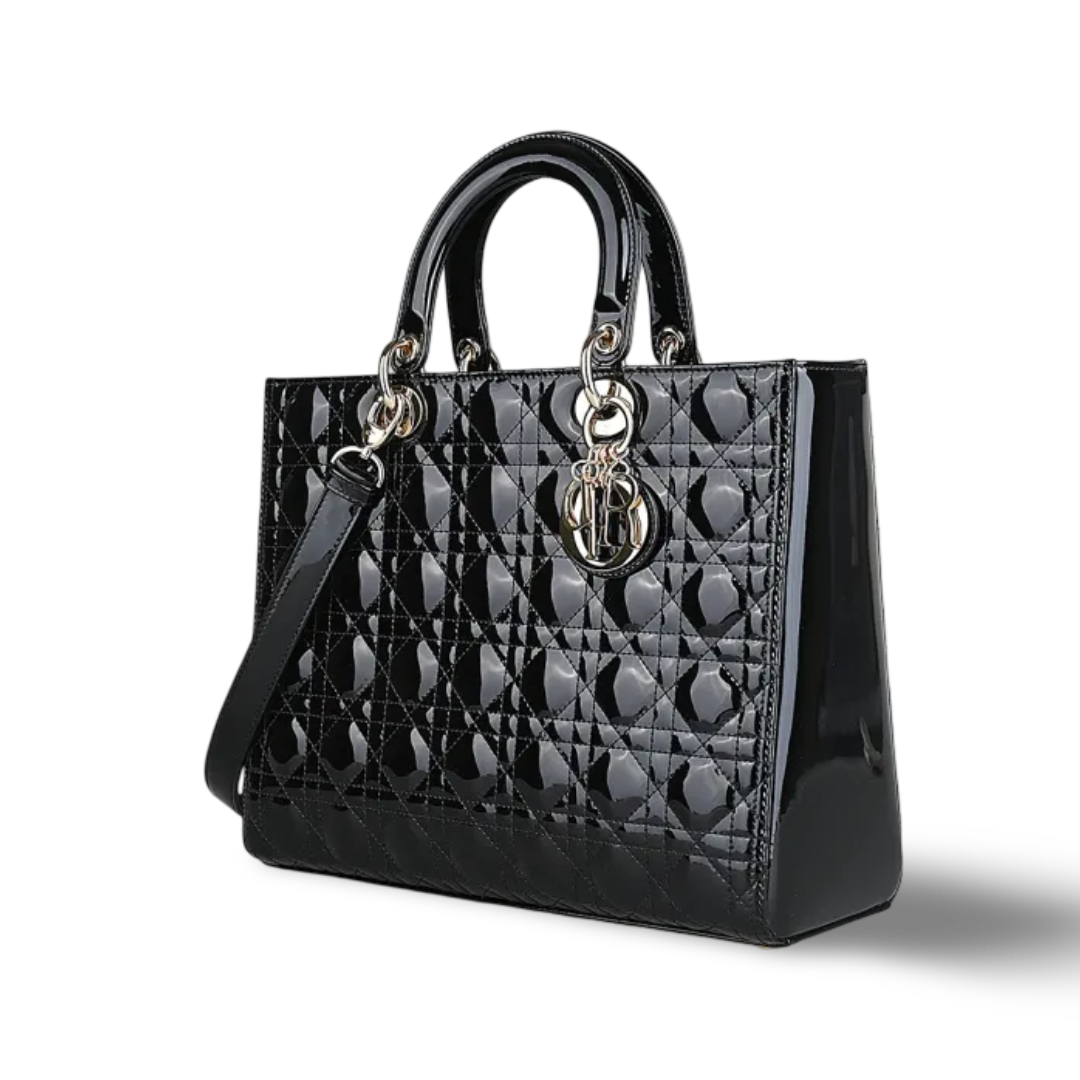 Dior Cannage Patent Large Lady Bag -SHW/ Black