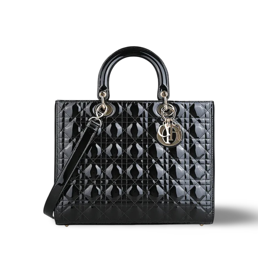 Dior Cannage Patent Large Lady Bag -SHW/ Black