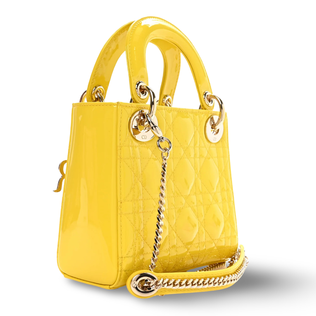 Dior Cannage Patent Mini Lady Bag - GHW / Yellow