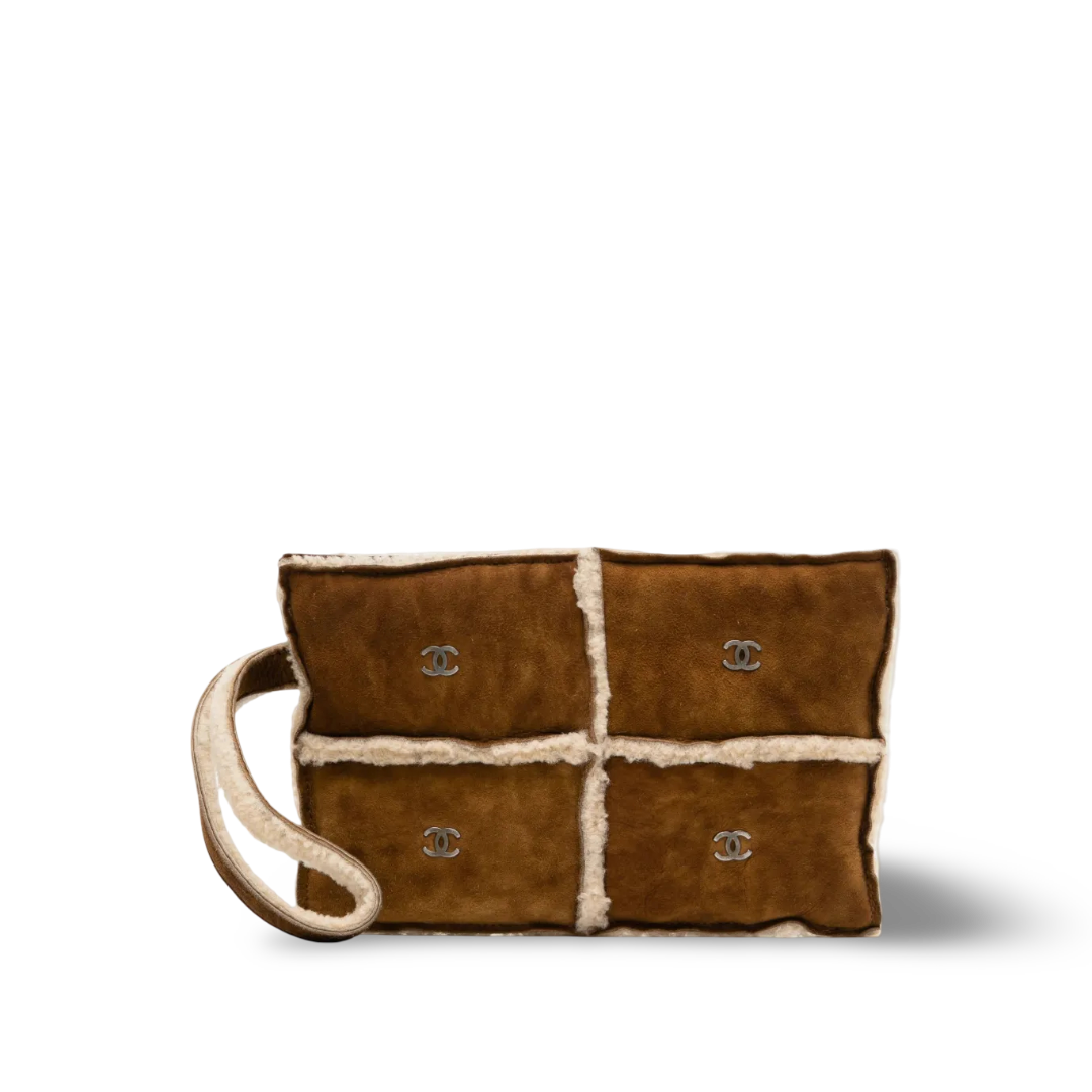 Chanel Vinatage Quilted  Shearling Clutch -SHW/ Tan