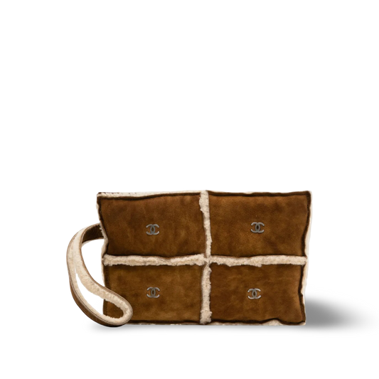 Chanel Vintage Quilted Shearling Clutch -SHW/ Tan