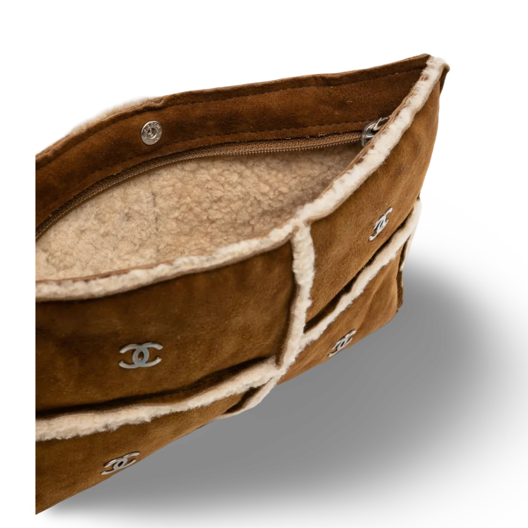 Chanel Vinatage Quilted  Shearling Clutch -SHW/ Tan