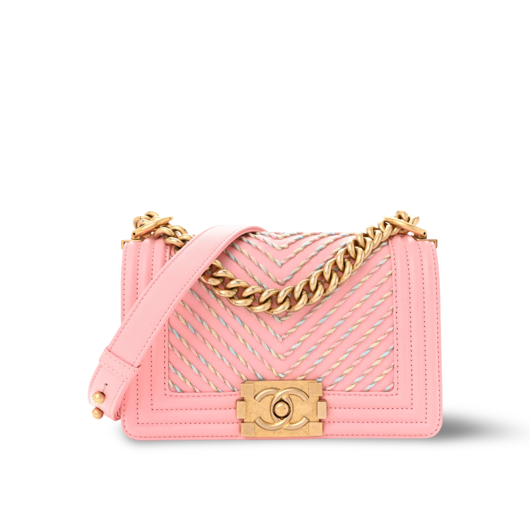 Chanel Quilted Calfskin Chevron Small Embroidered Boy Bag - GHW/ Pink