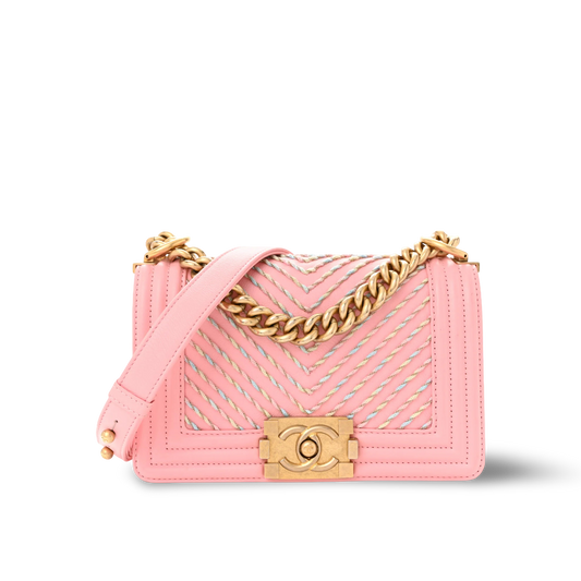 Chanel Quilted Calfskin Chevron Small Embroidered Boy Bag - GHW/ Pink