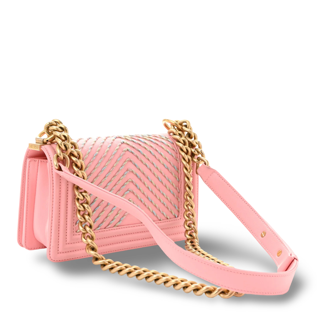 Chanel Quilted Calfskin Chevron Small Embroidered Boy Bag - GHW/ Pink