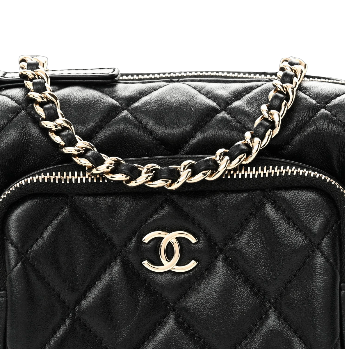 Chanel Quilted Shiny Lambskin Quilted Small Preppy Pocket Camera Case -SHW/ Black