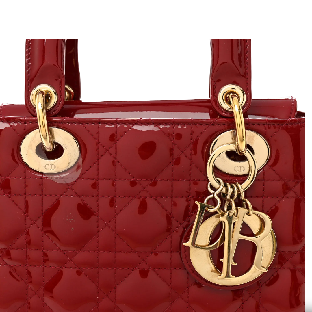 Dior Cannage Patent Small Lady Bag - GHW / Red