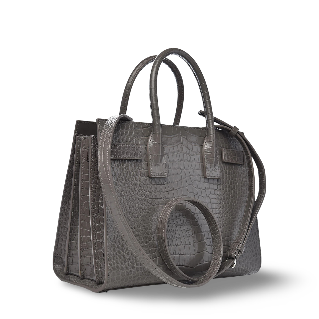 Saint Laurent Calfskin Crocodile Embossed Small Sac De Jour Bag - SHW/ Gray