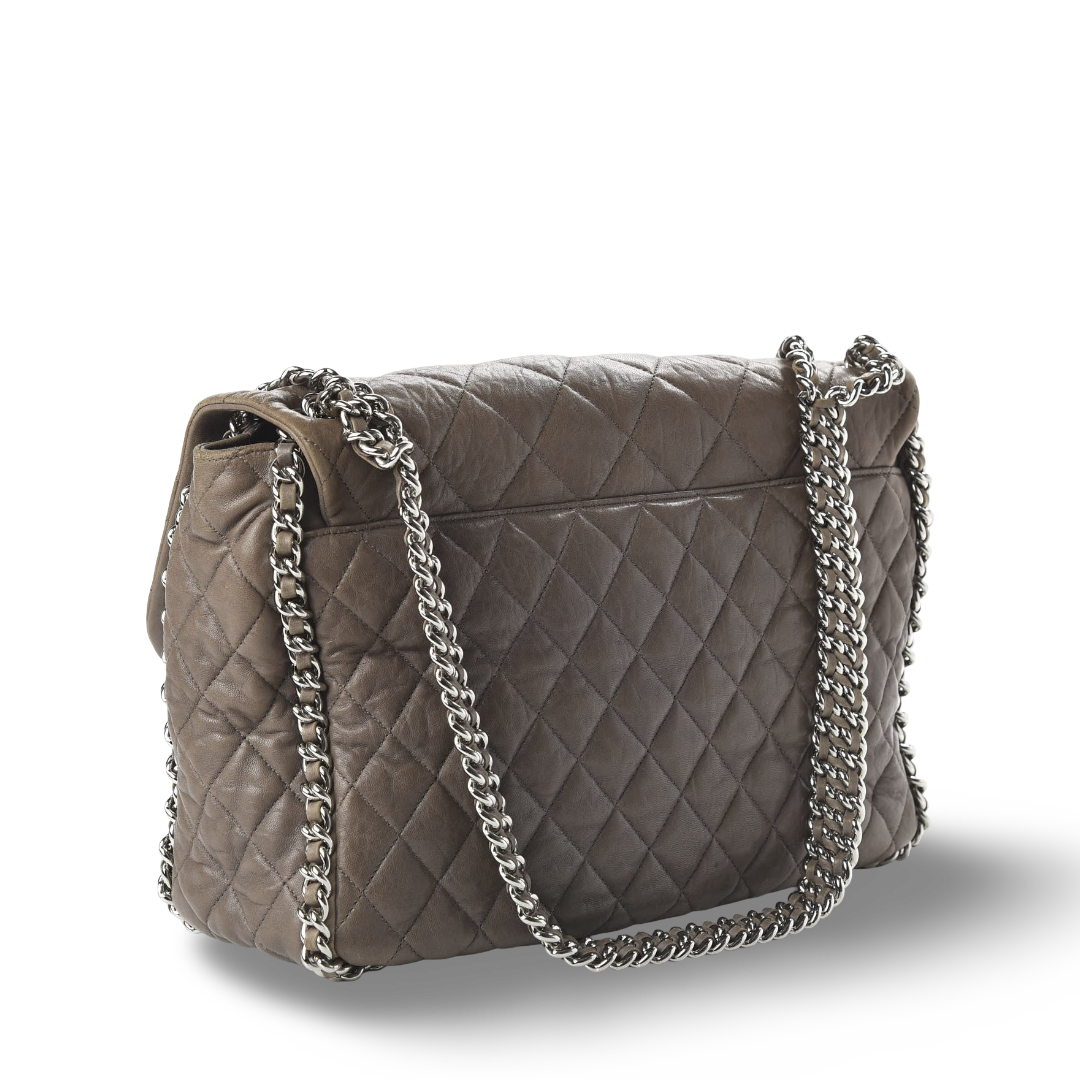 Chanel Quilted Washed Lambskin Leather Chain Around Maxi Single Flap -SHW / Taupe