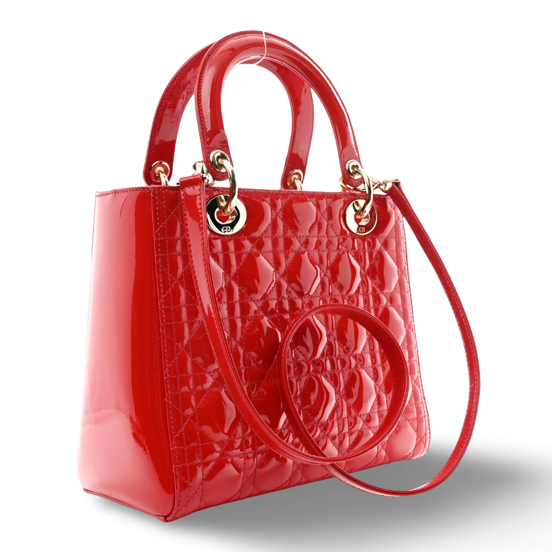 Dior Cannage Patent Medium Lady Bag - GHW / Red