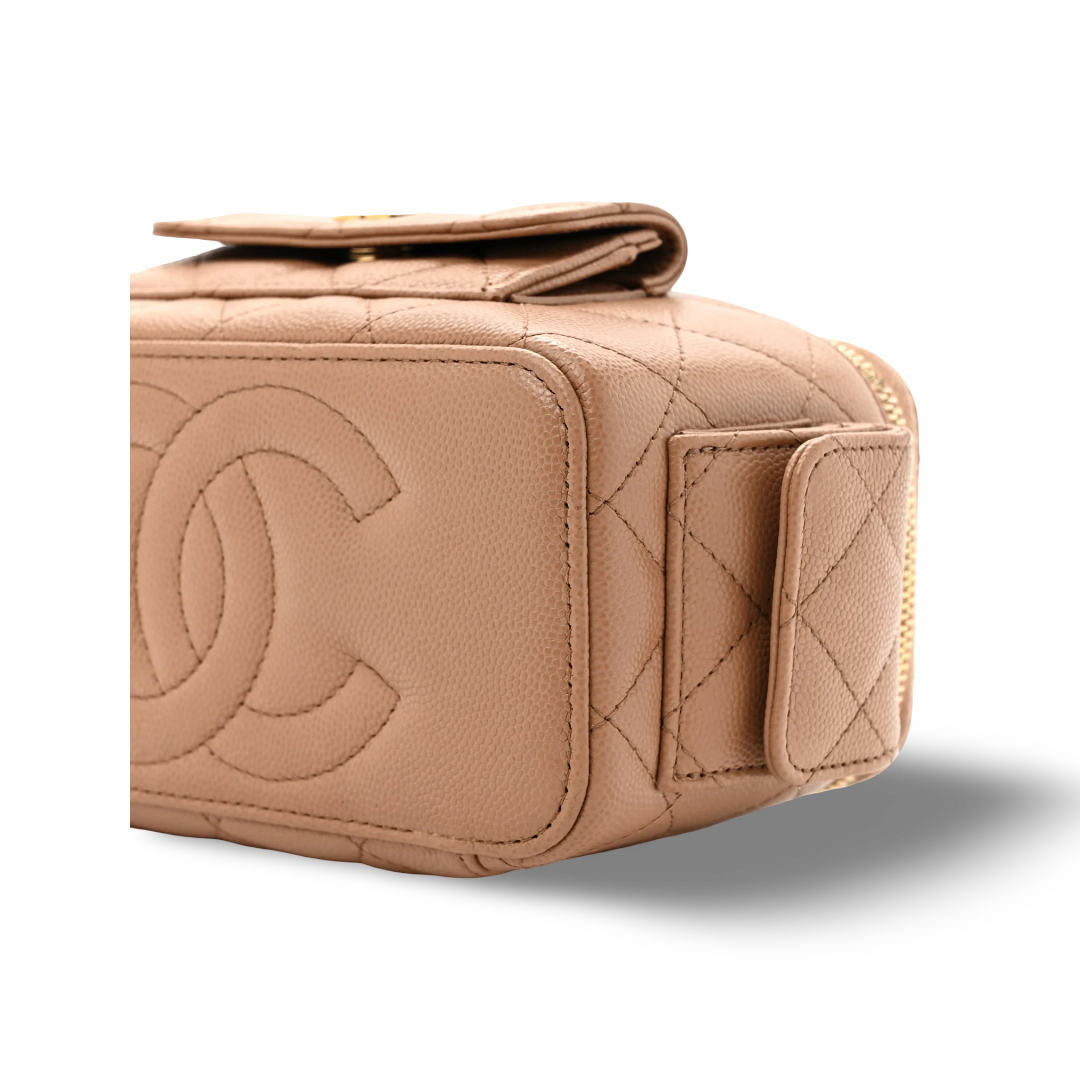 Chanel Quilted Caviar Small Tophandle Pocket Vanity Case - GHW / Caramel