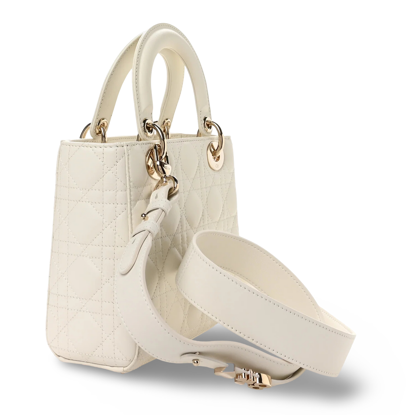 Dior Cannage Calfskin Small Lady With ABC Charms Bag - GHW/ White