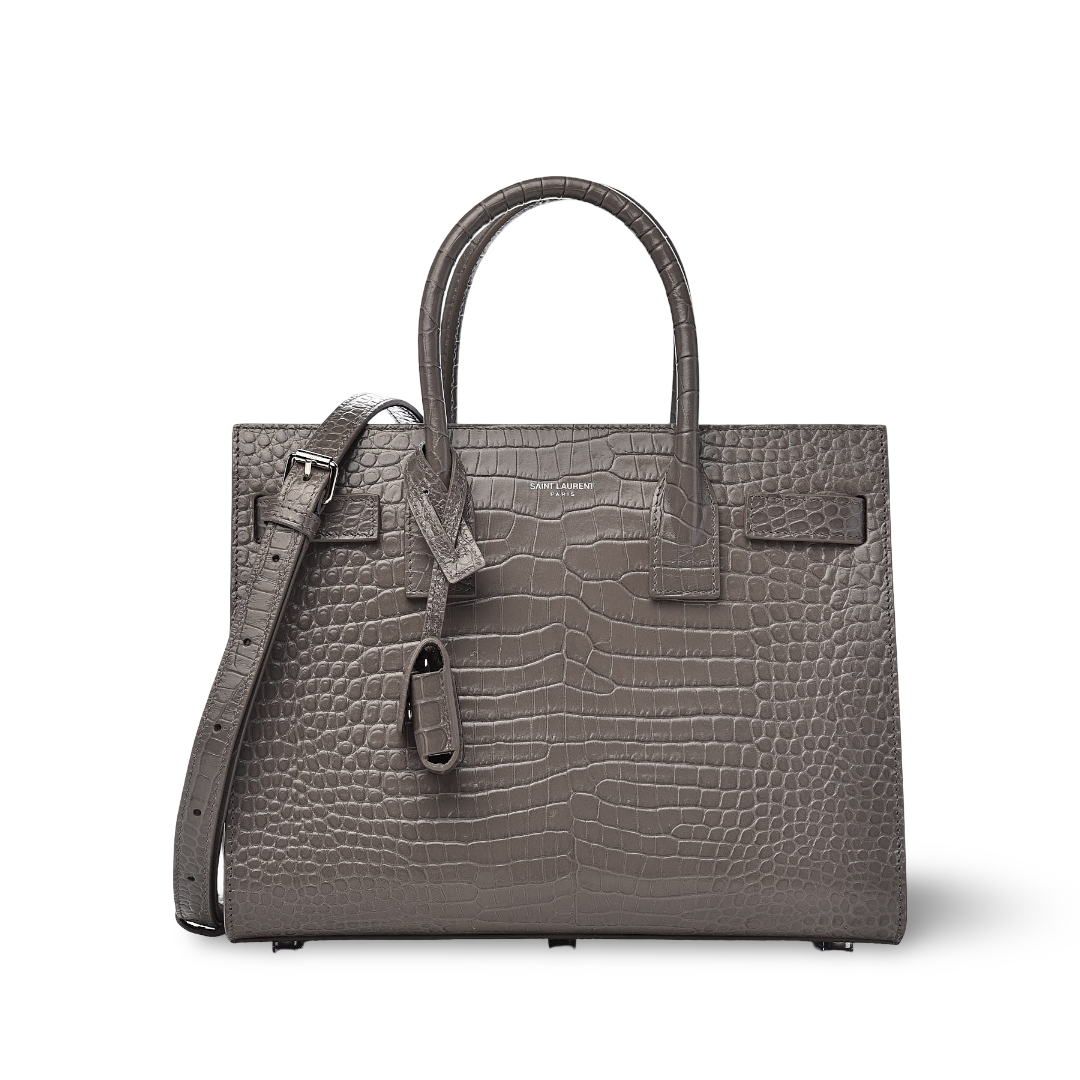 Saint Laurent Calfskin Crocodile Embossed Small Sac De Jour Bag - SHW/ Gray