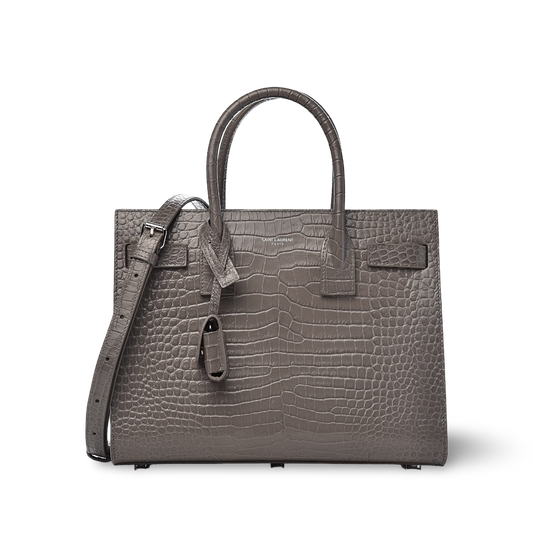 Saint Laurent Calfskin Crocodile Embossed Small Sac De Jour Bag - SHW/ Gray