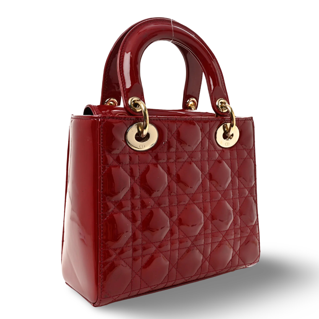 Dior Cannage Patent Small Lady Bag - GHW / Red
