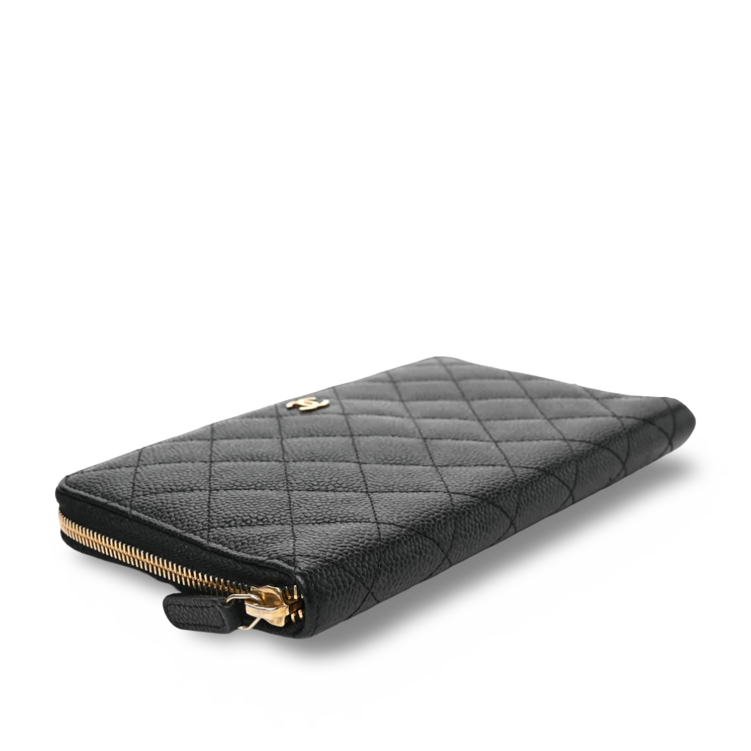 Chanel Quilted Caviar Large Zip Around Organizer Wallet- GHW  Black