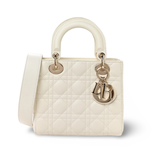 Dior Cannage Calfskin Small Lady With ABC Charms Bag - GHW/ White