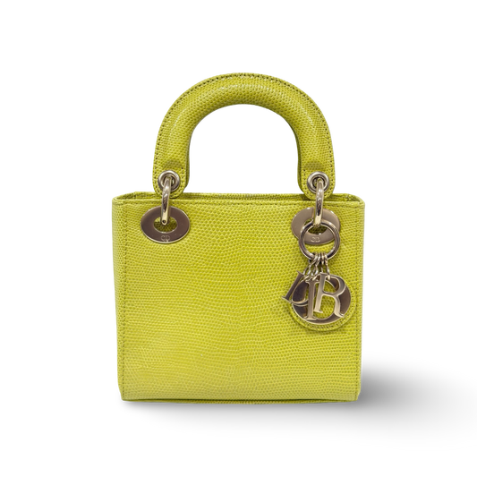 Dior Quilted Lizard Mini Lady Dior -GHW/Lime Yellow