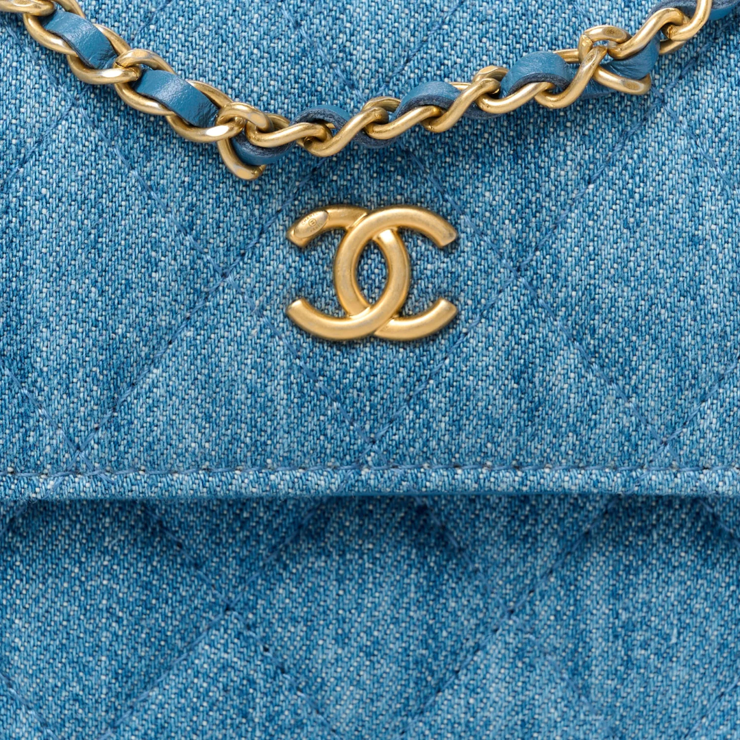 Chanel Quilted Denim CC Pearl Crush Clutch With Chain- GHW/ Blue