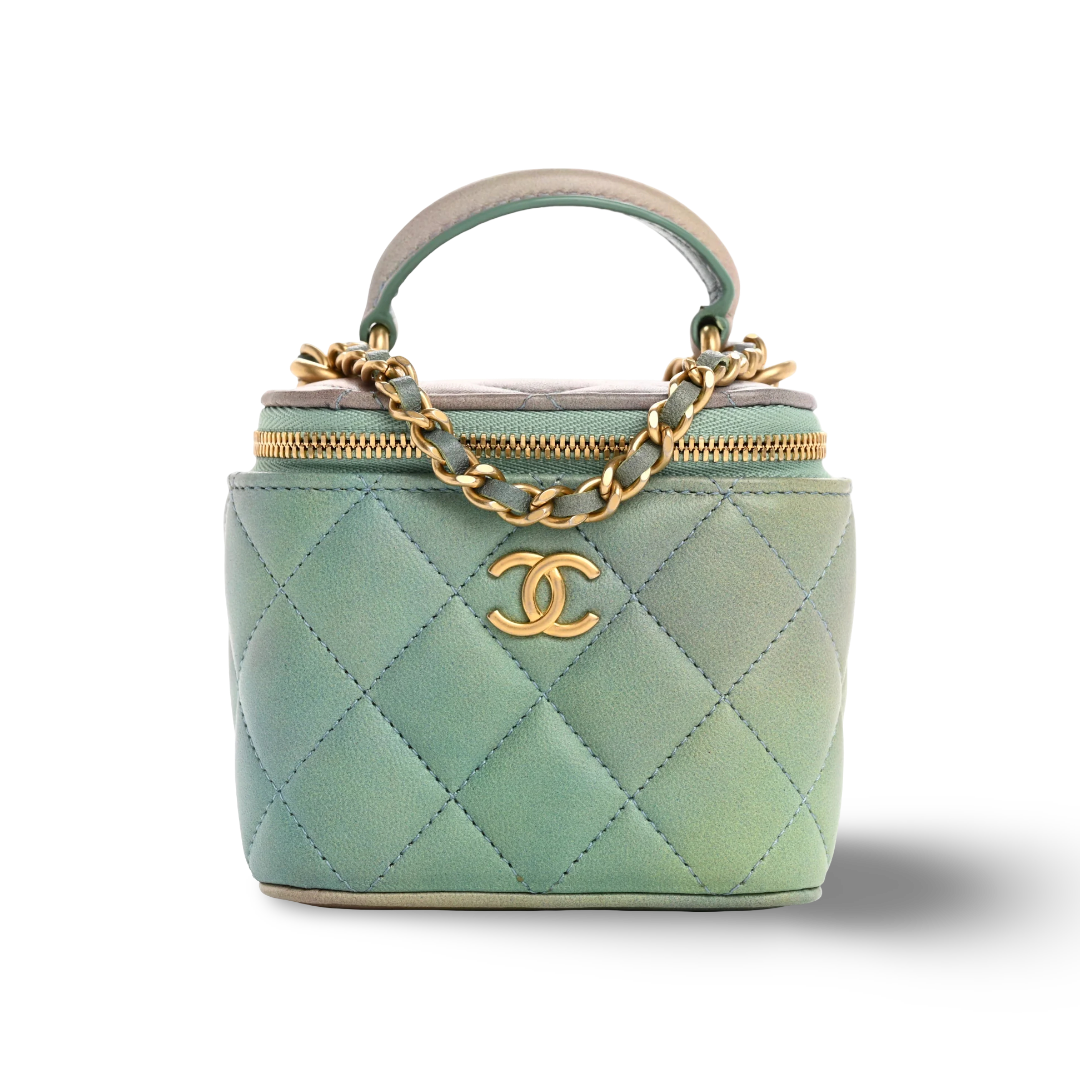 Chanel Quilted Lambskin Mini Ombre Tophandle Vanity Case - GHW/ Blue /Green
