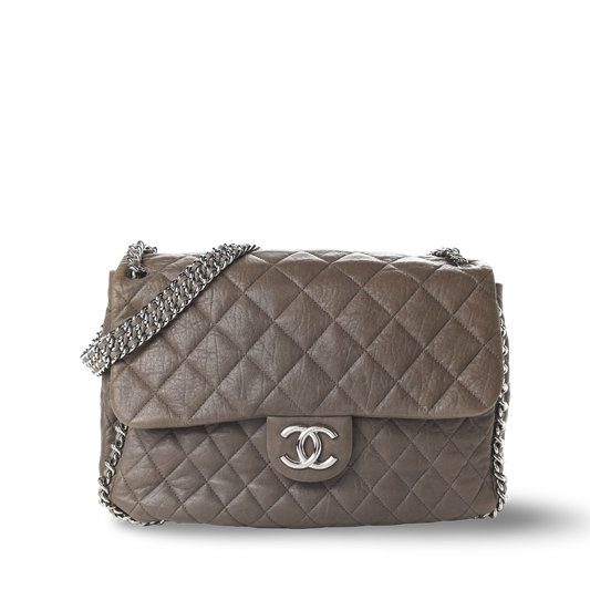 Chanel Quilted Washed Lambskin Leather Chain Around Maxi Single Flap -SHW / Taupe