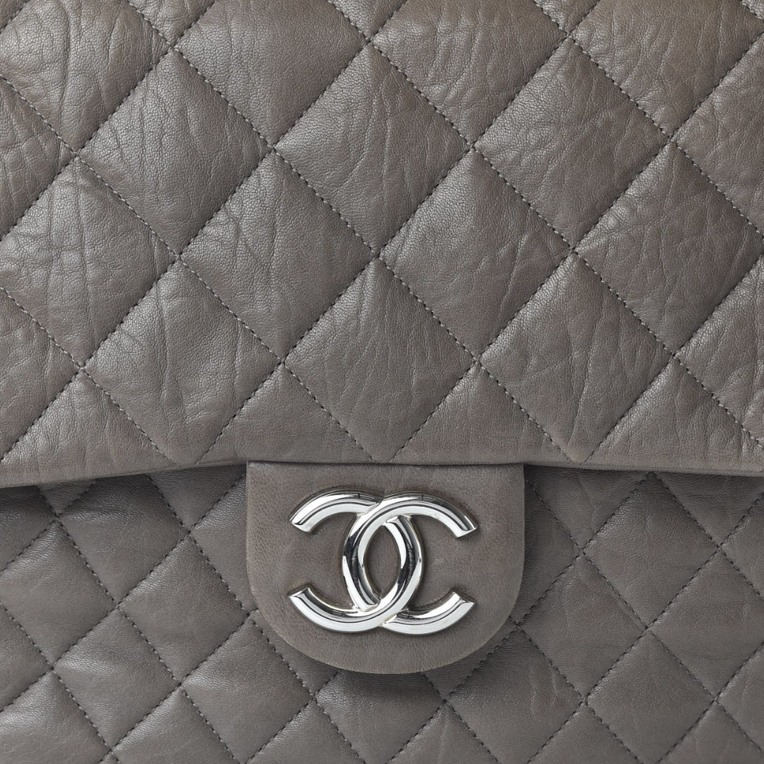 Chanel Quilted Washed Lambskin Leather Chain Around Maxi Single Flap -SHW / Taupe
