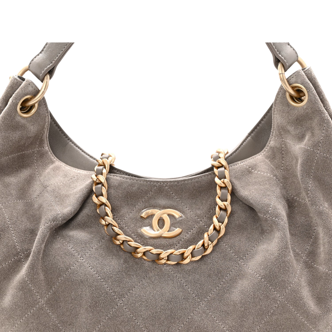 Chanel Quilted Suede Large Hobo - GHW/ Dark Grey