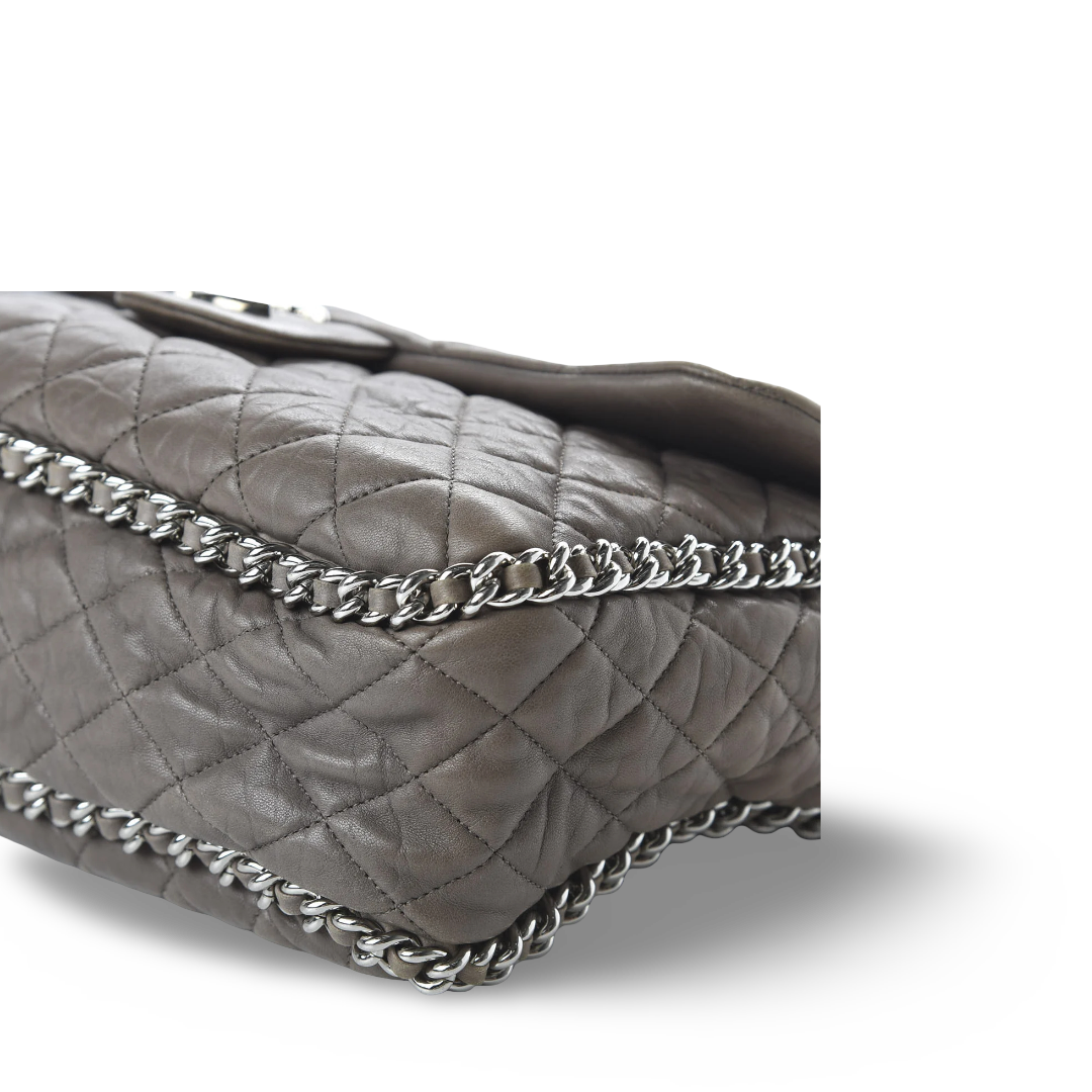 Chanel Quilted Washed Lambskin Leather Chain Around Maxi Single Flap -SHW / Taupe