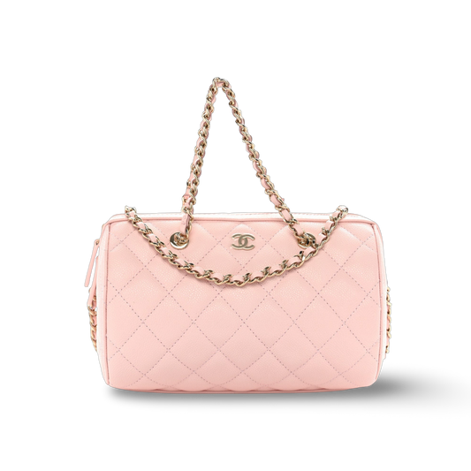Chanel Quilted Caviar Barrel Clutch With Chain -SHE/Light Pink