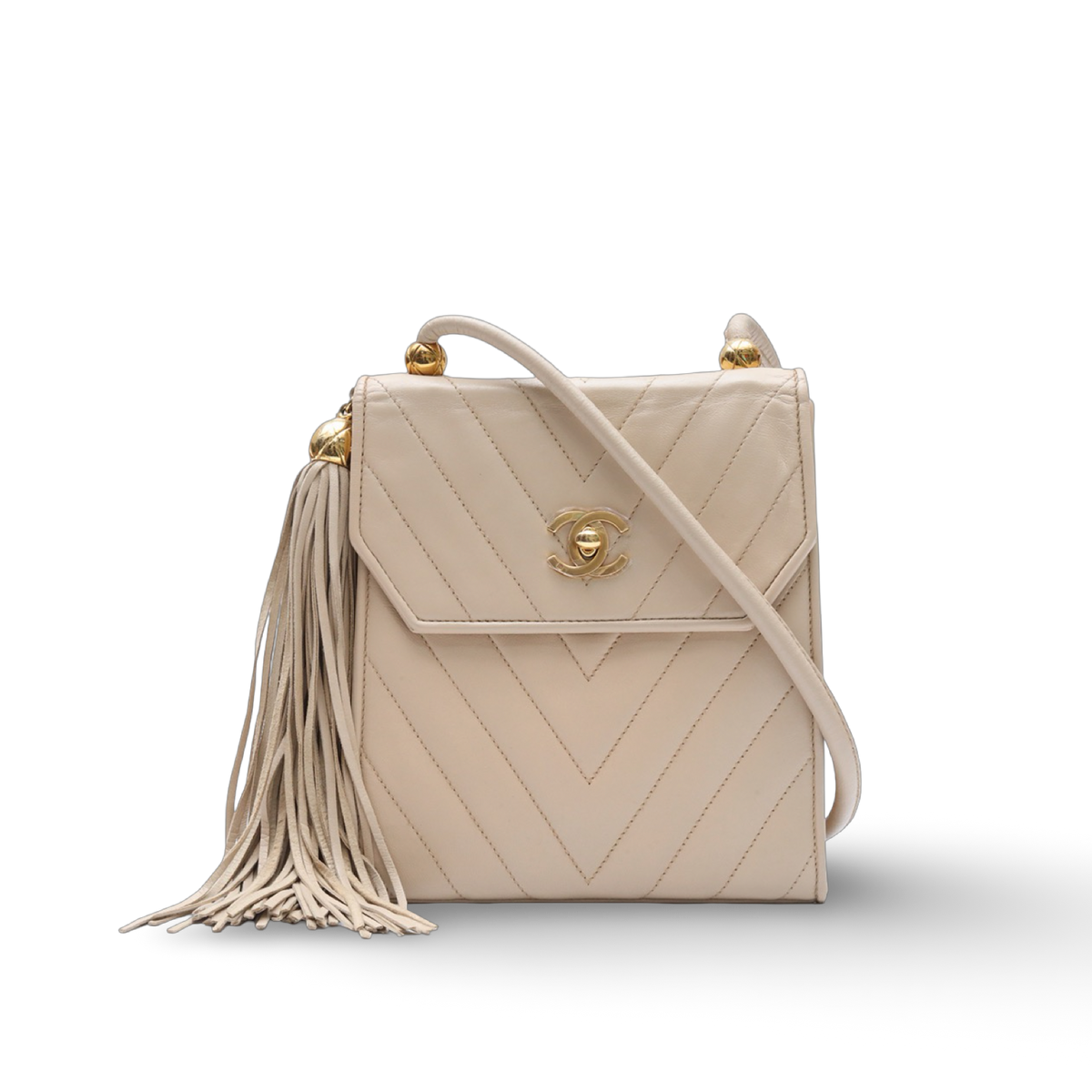 Chanel Vintage Quilted Lambskin Fringe Crossbody Bag - GHW/ Beige