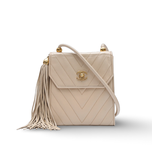Chanel Vintage Quilted Lambskin Fringe Crossbody Bag - GHW/ Beige