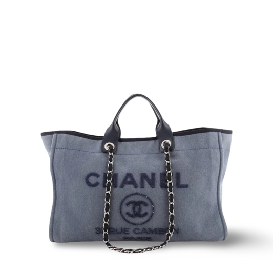 Chanel Quilted Denim Large Deauville Tote - SHW/ Blue