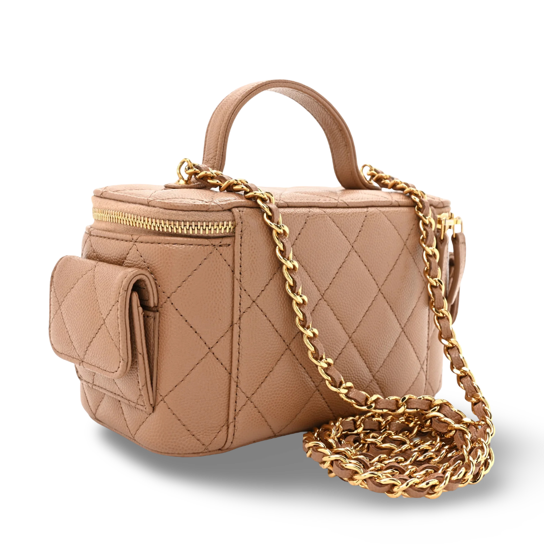 Chanel Quilted Caviar Small Tophandle Pocket Vanity Case - GHW / Caramel