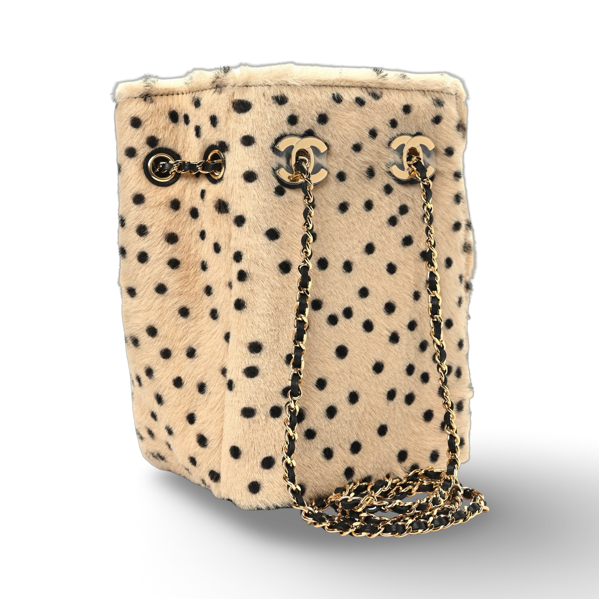 Chanel Quilted Pony Hair Cheetah Printed CC Chain Bucket Bag -GHW/Light Beige Black