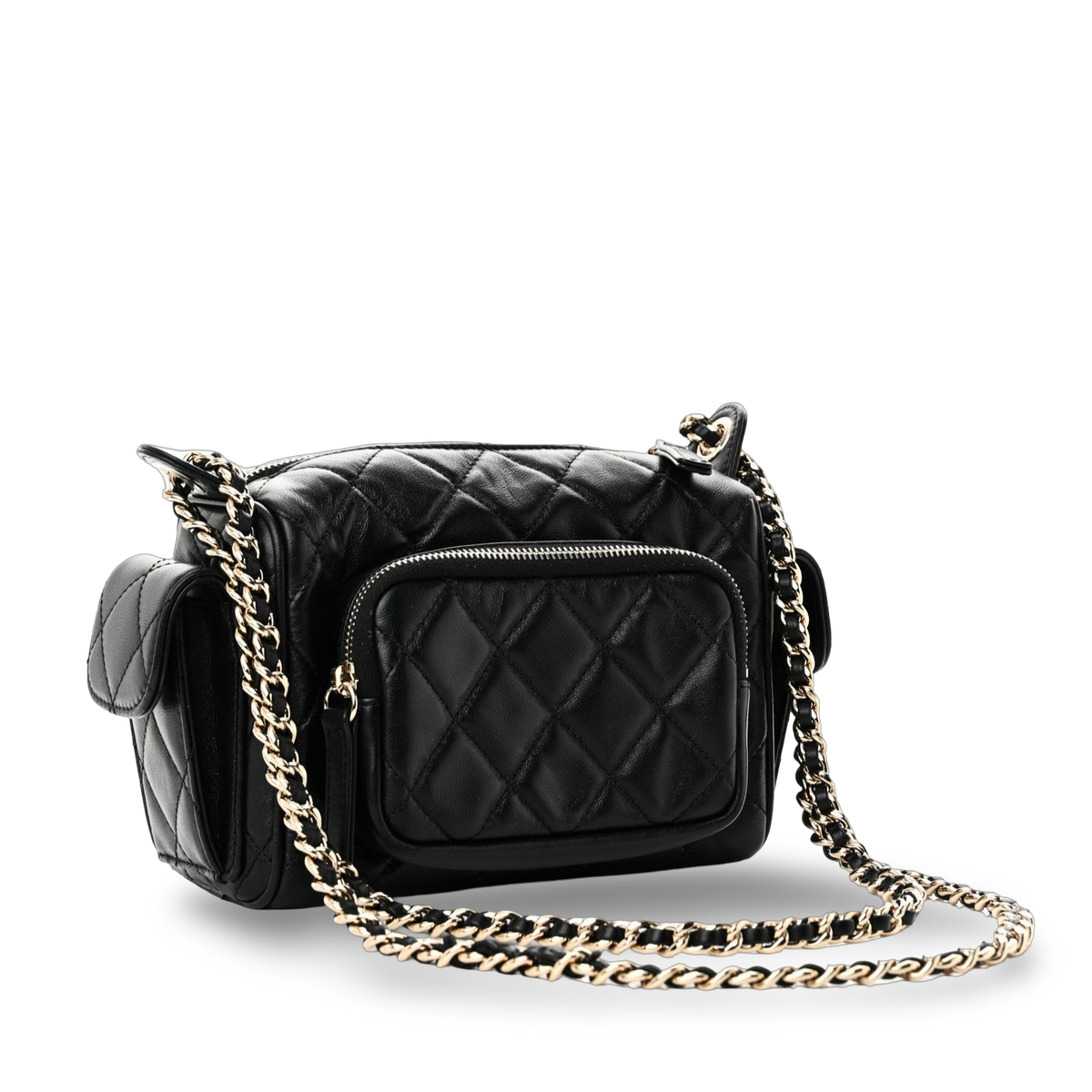 Chanel Quilted Shiny Lambskin Quilted Small Preppy Pocket Camera Case -SHW/ Black