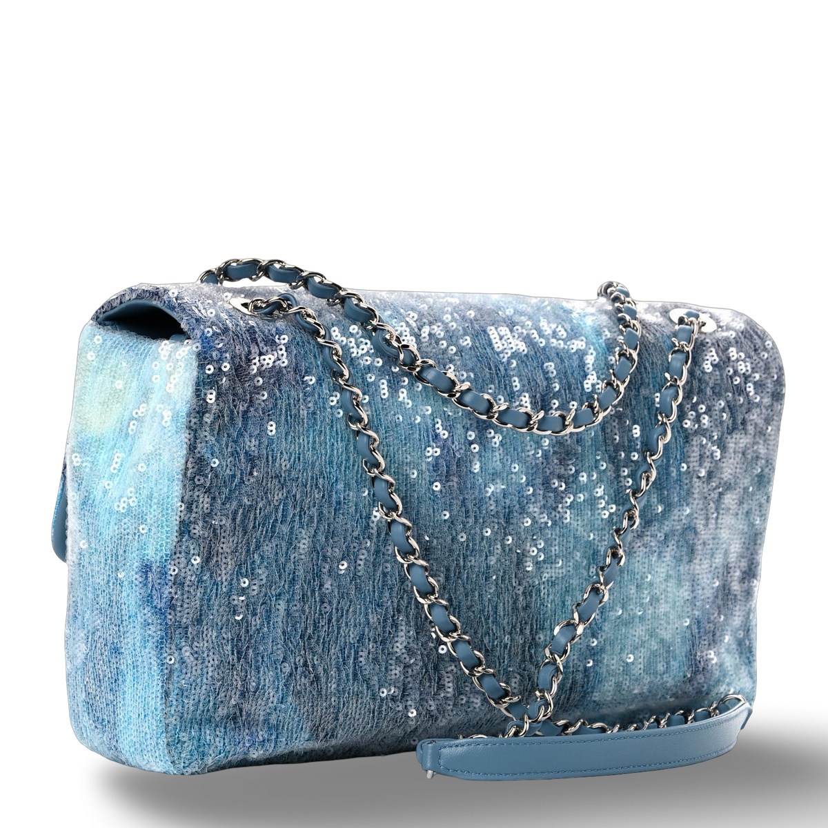 Chanel Quilted Sequin Jumbo Waterfall Flap- SHW/ Light Blue
