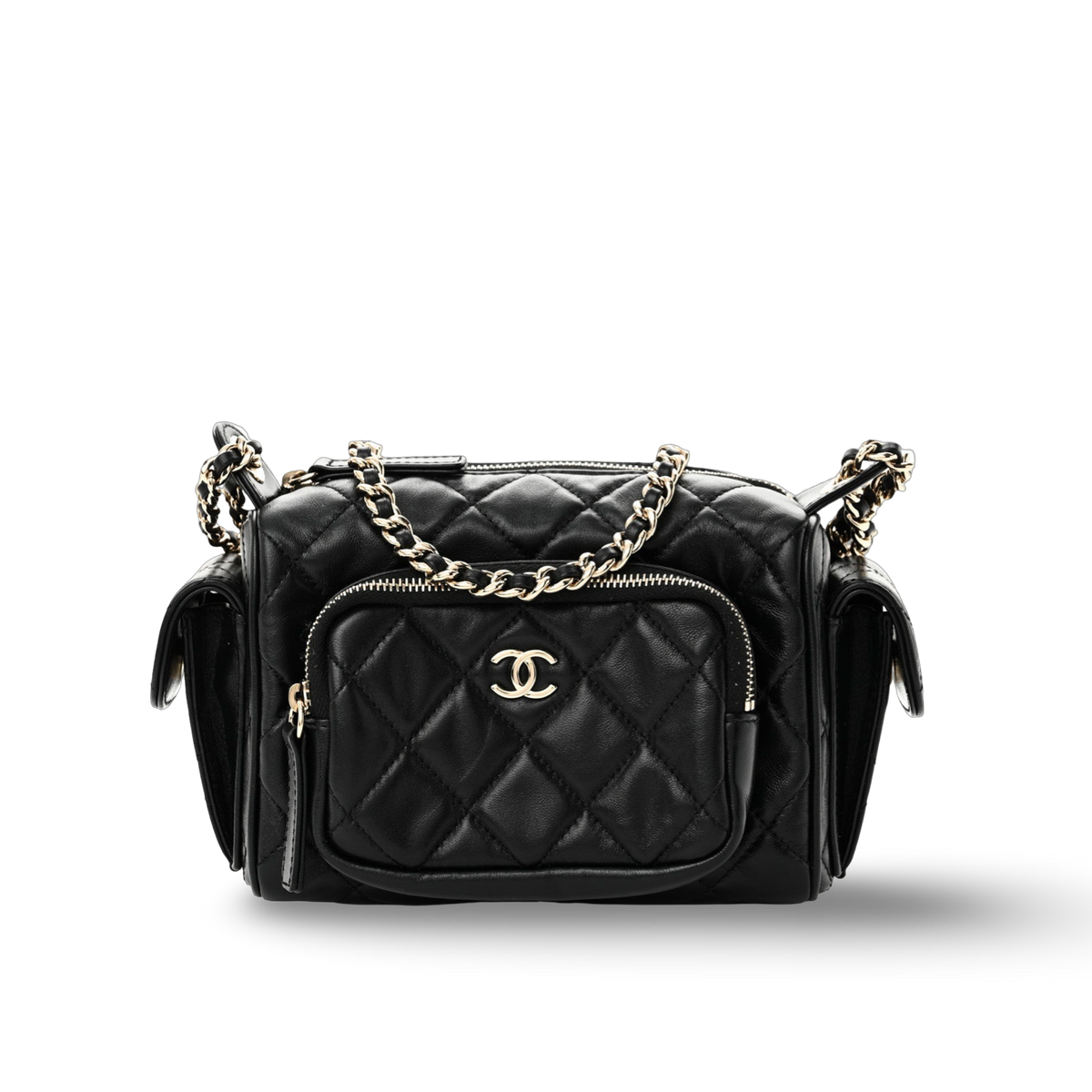 Chanel Quilted Shiny Lambskin Quilted Small Preppy Pocket Camera Case -SHW/ Black