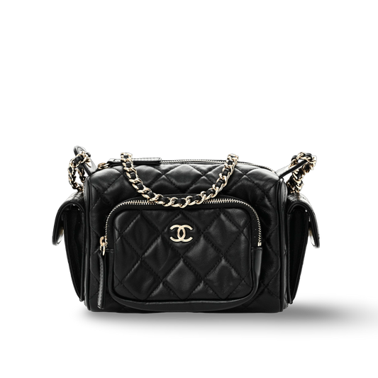 Chanel Quilted Shiny Lambskin Quilted Small Preppy Pocket Camera Case -SHW/ Black