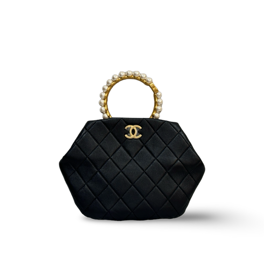 Chanel Classic Lambskin Clutch with Pearl handle Black