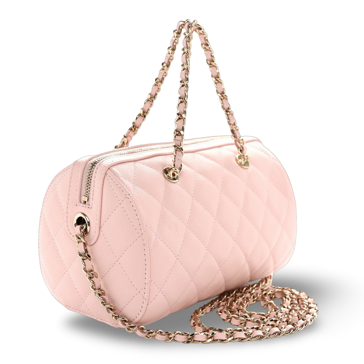 Chanel Quilted Caviar Barrel Clutch With Chain -SHE/Light Pink