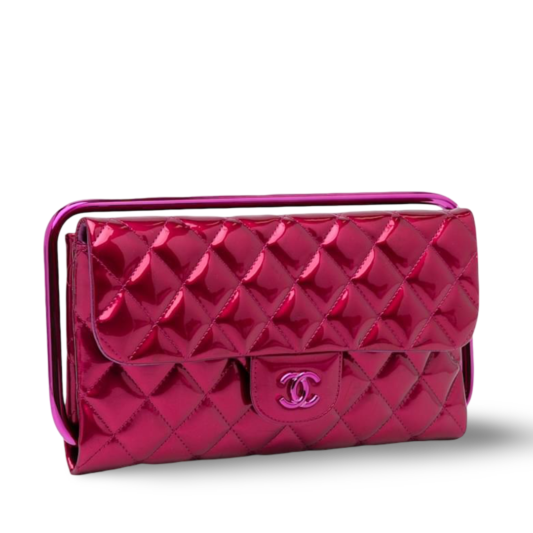 Chanel Quilted Patent Metallic Handle Clutch- PHW/ Pink