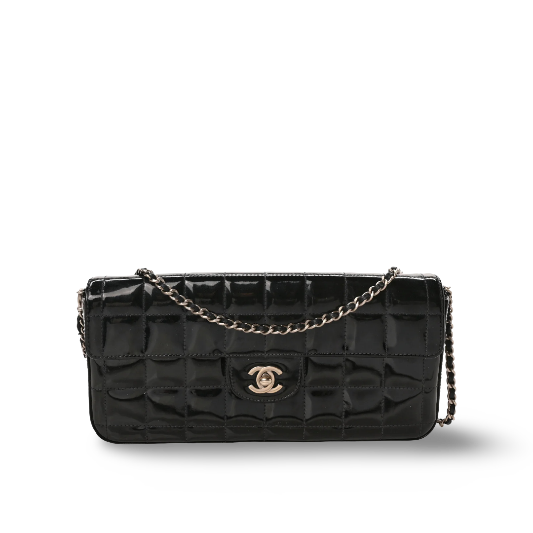 Chanel Quilted Patent East West Chocolate Bar Flap - SHW/ Black