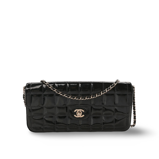 Chanel Quilted Patent East West Chocolate Bar Flap - SHW/ Black