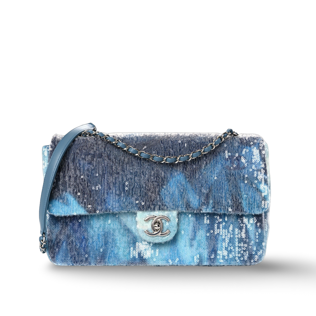 Chanel Quilted Sequin Jumbo Waterfall Flap- SHW/ Light Blue