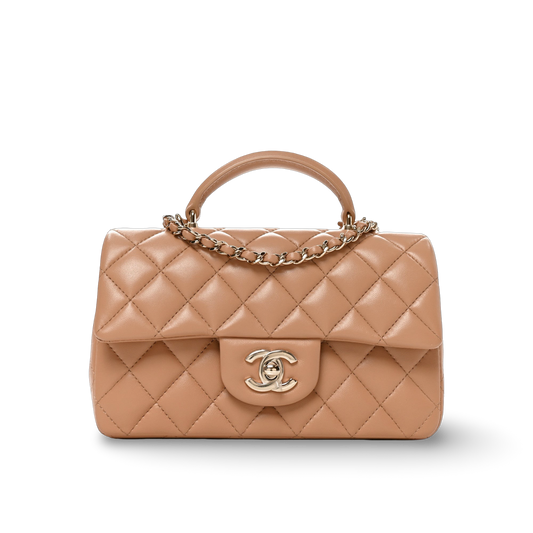 Chanel 25A Quilted Lambskin Rectangular Mini Top Handle Flap - GHW / Beige
