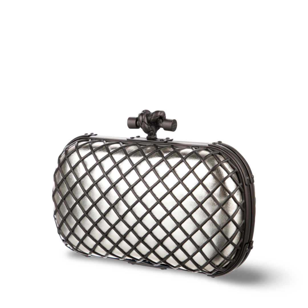 Bottega Veneta Metallic Cage Knot Clutch - PHW / Sliver
